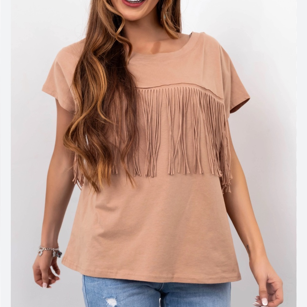Time After Time Camel Fringe Short Sleeve Knit Tee